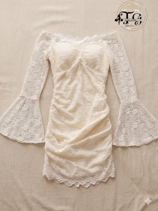 None Dresses & Skirts - Off-Shoulder Ivory Lace Mini Dress with Bell Sleeves